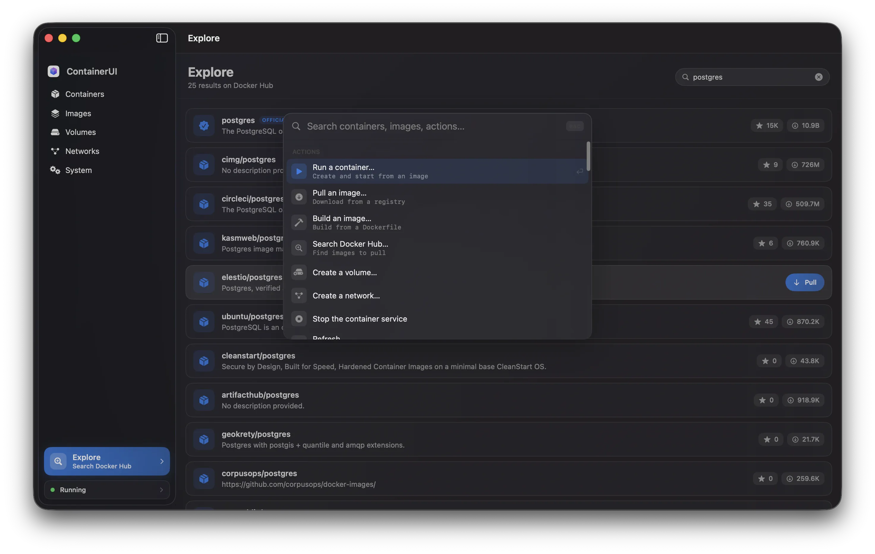 ContainerUI's command palette, opened with ⌘K, listing quick actions like run a container, pull an image, and search Docker Hub.