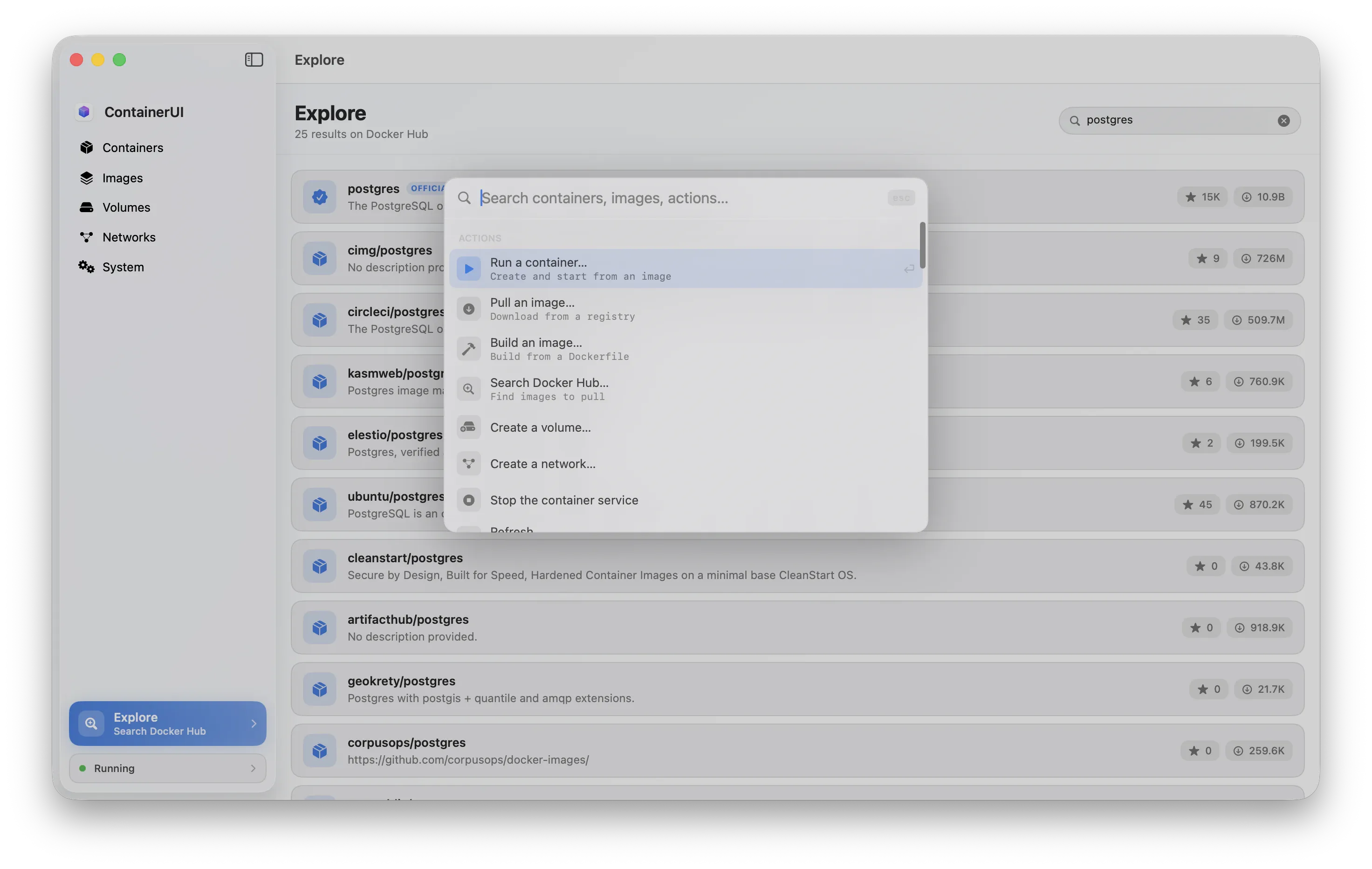 ContainerUI's command palette, opened with ⌘K, listing quick actions like run a container, pull an image, and search Docker Hub.