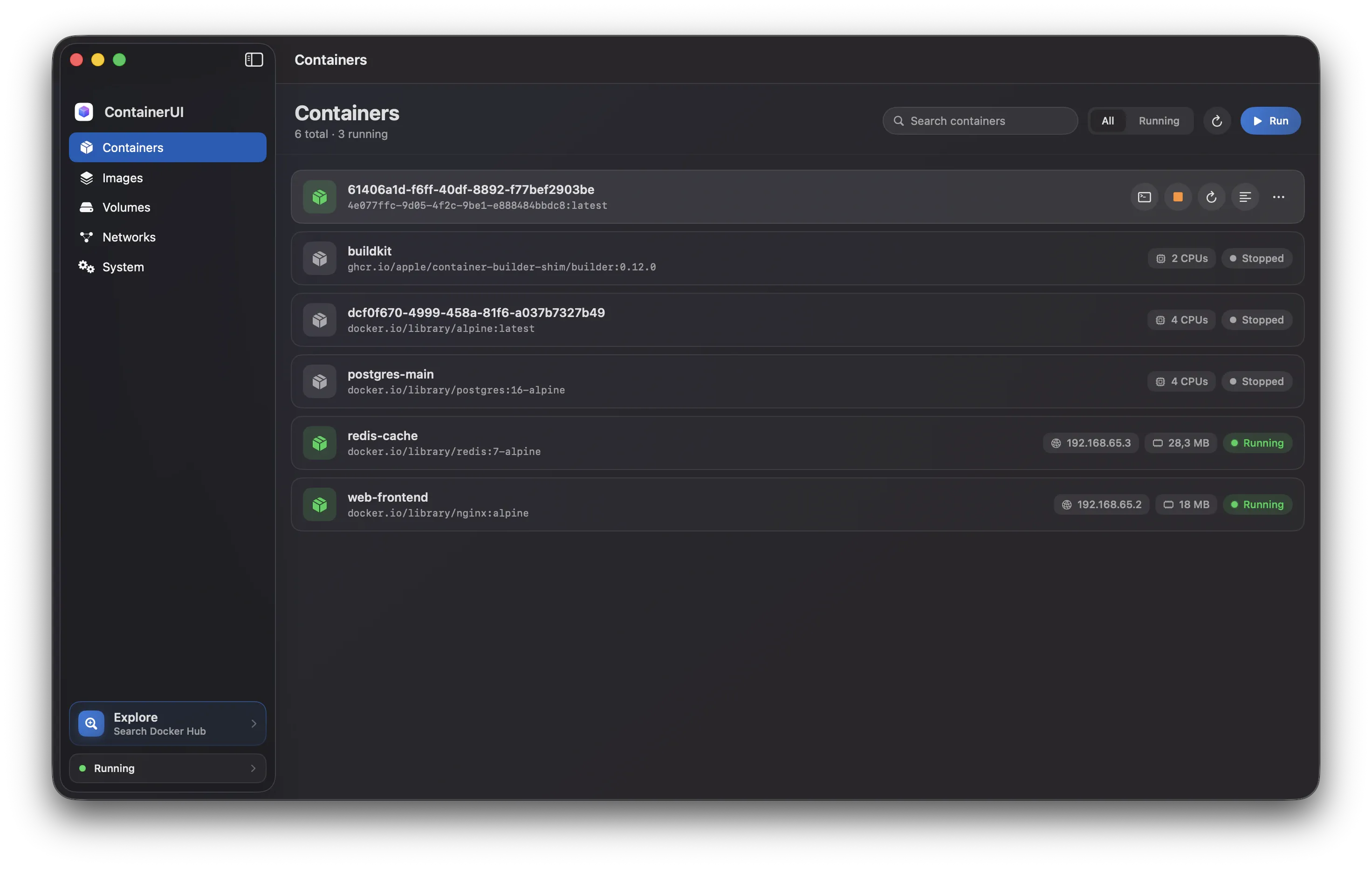 ContainerUI's Containers screen listing running and stopped containers with live CPU, memory, and IP.
