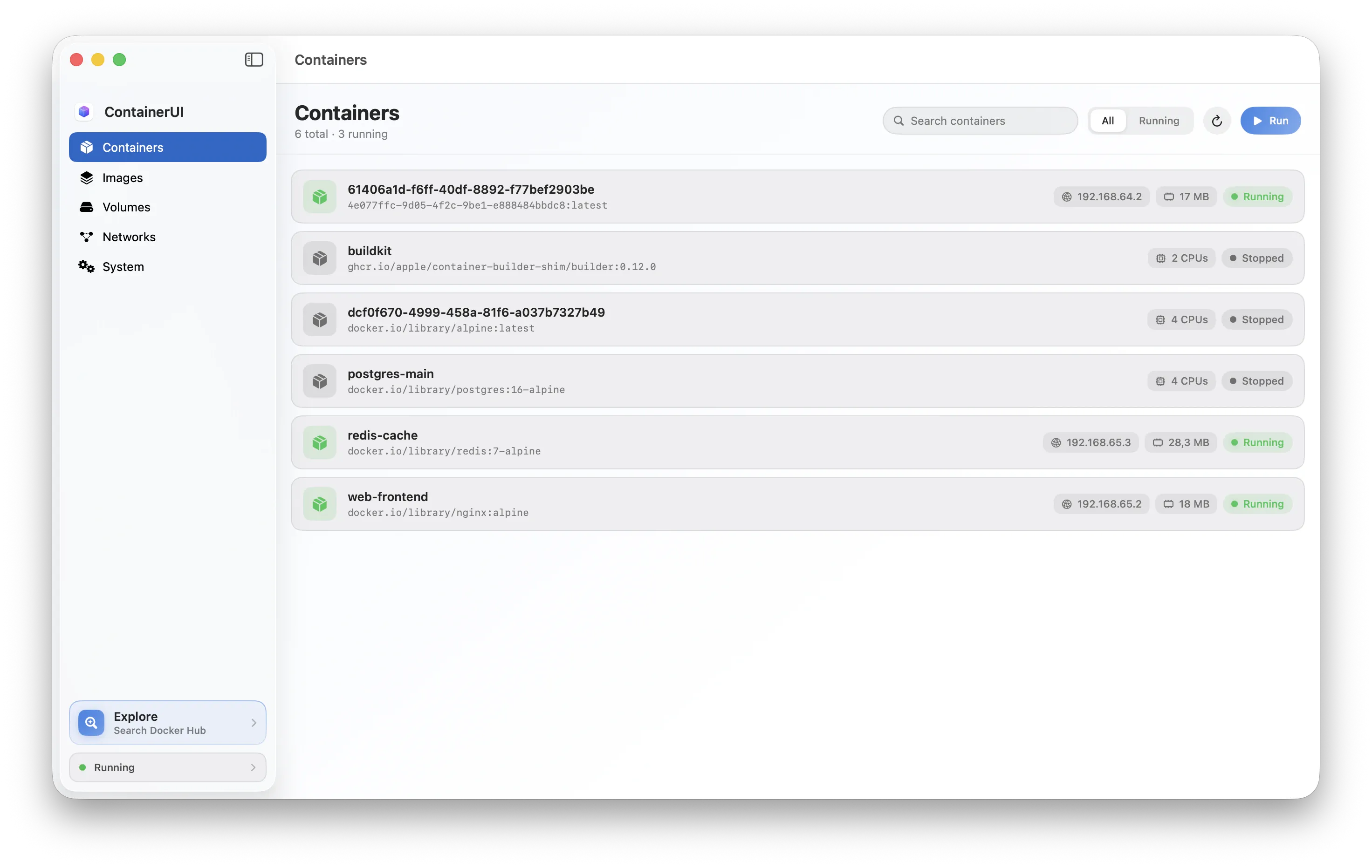 ContainerUI's Containers screen listing running and stopped containers with live CPU, memory, and IP.