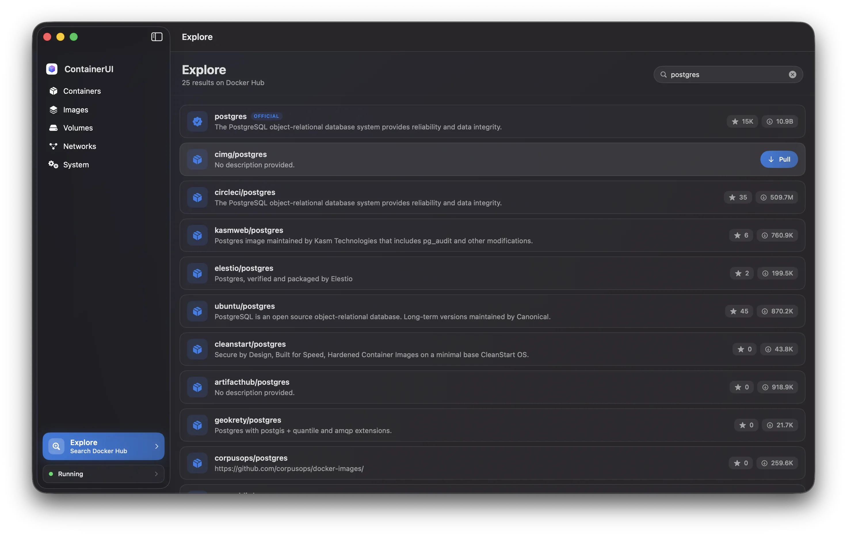 ContainerUI's Explore screen searching Docker Hub, listing repositories with stars, pulls, and official badges.