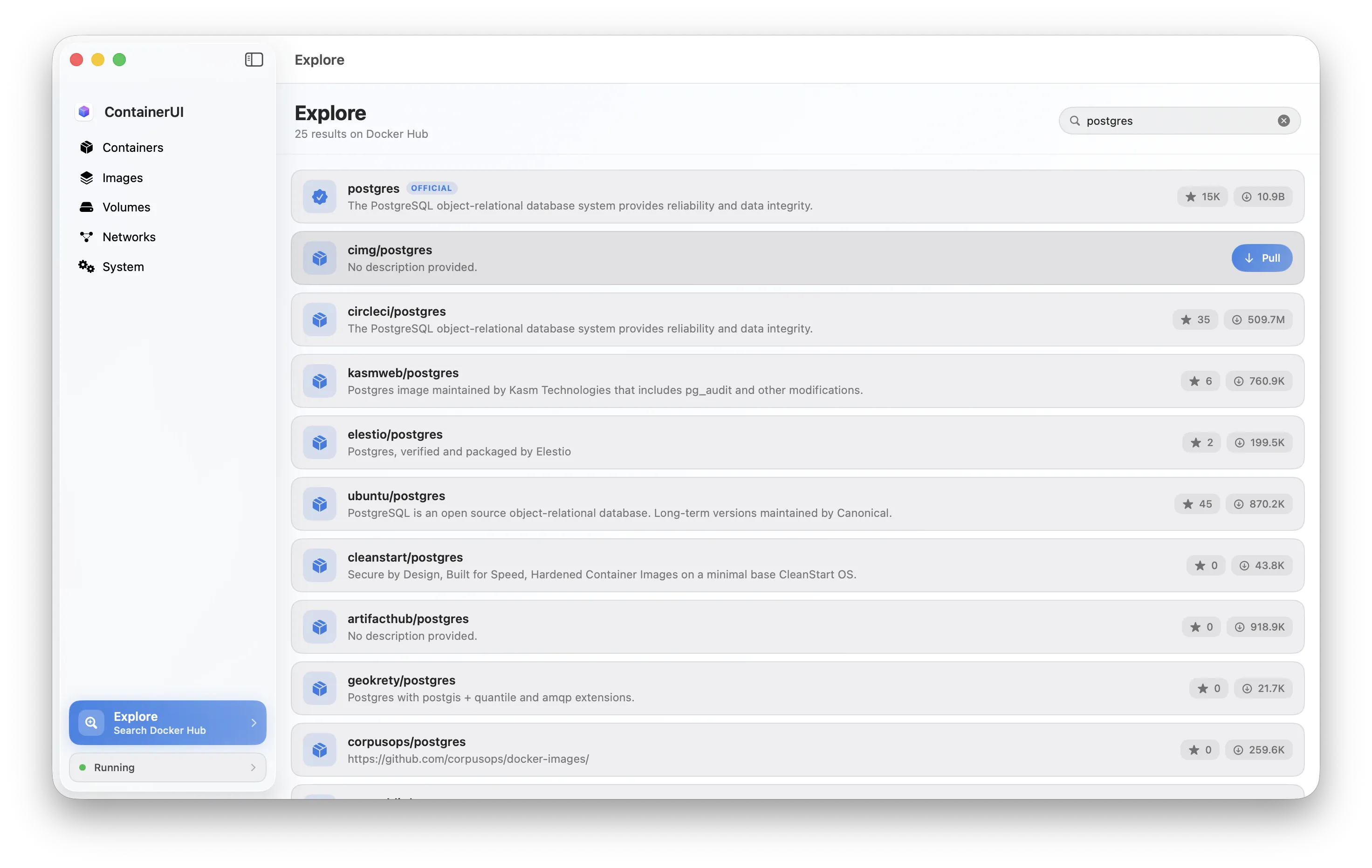 ContainerUI's Explore screen searching Docker Hub, listing repositories with stars, pulls, and official badges.