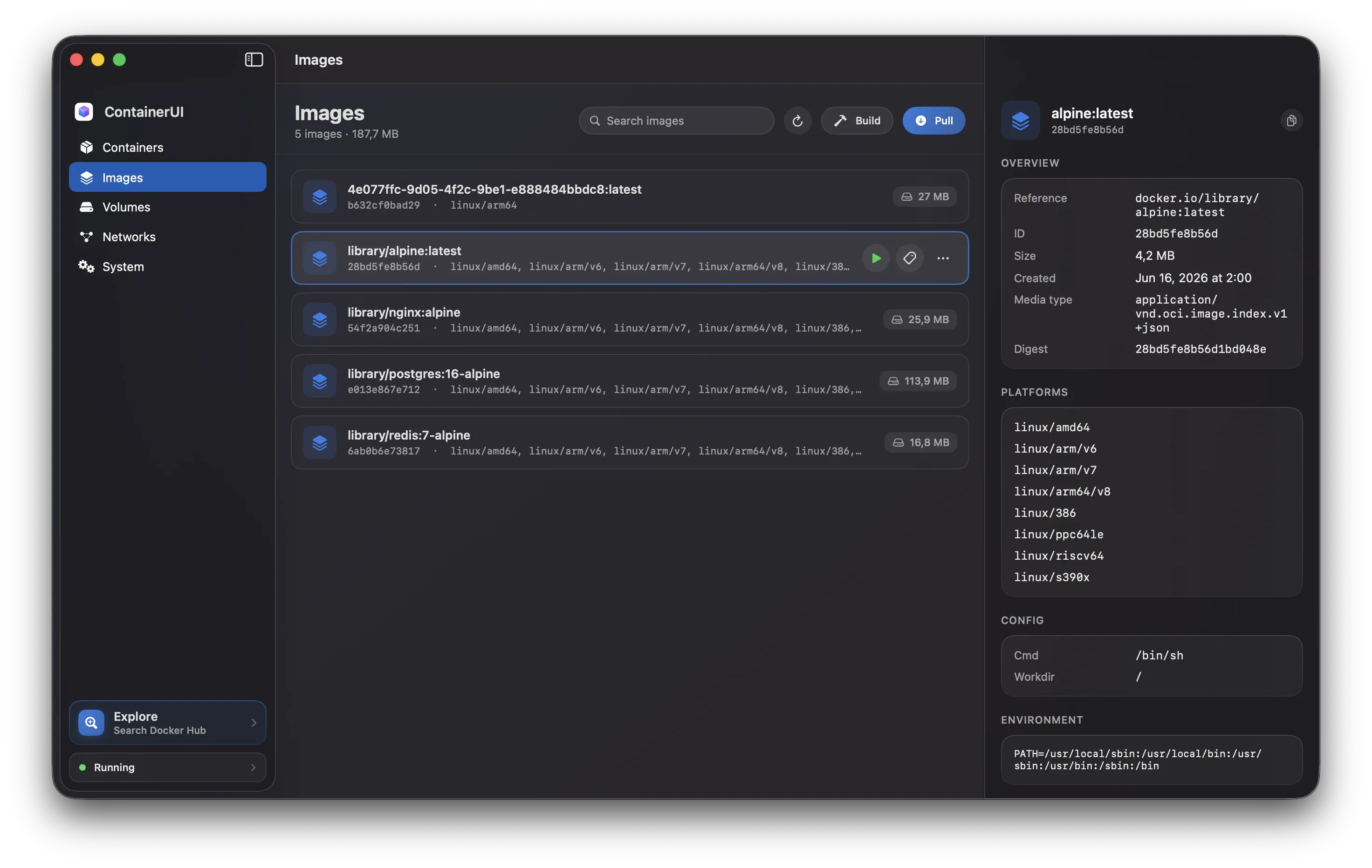 ContainerUI's Images screen listing local images with sizes, ready to inspect, tag, pull, or delete.
