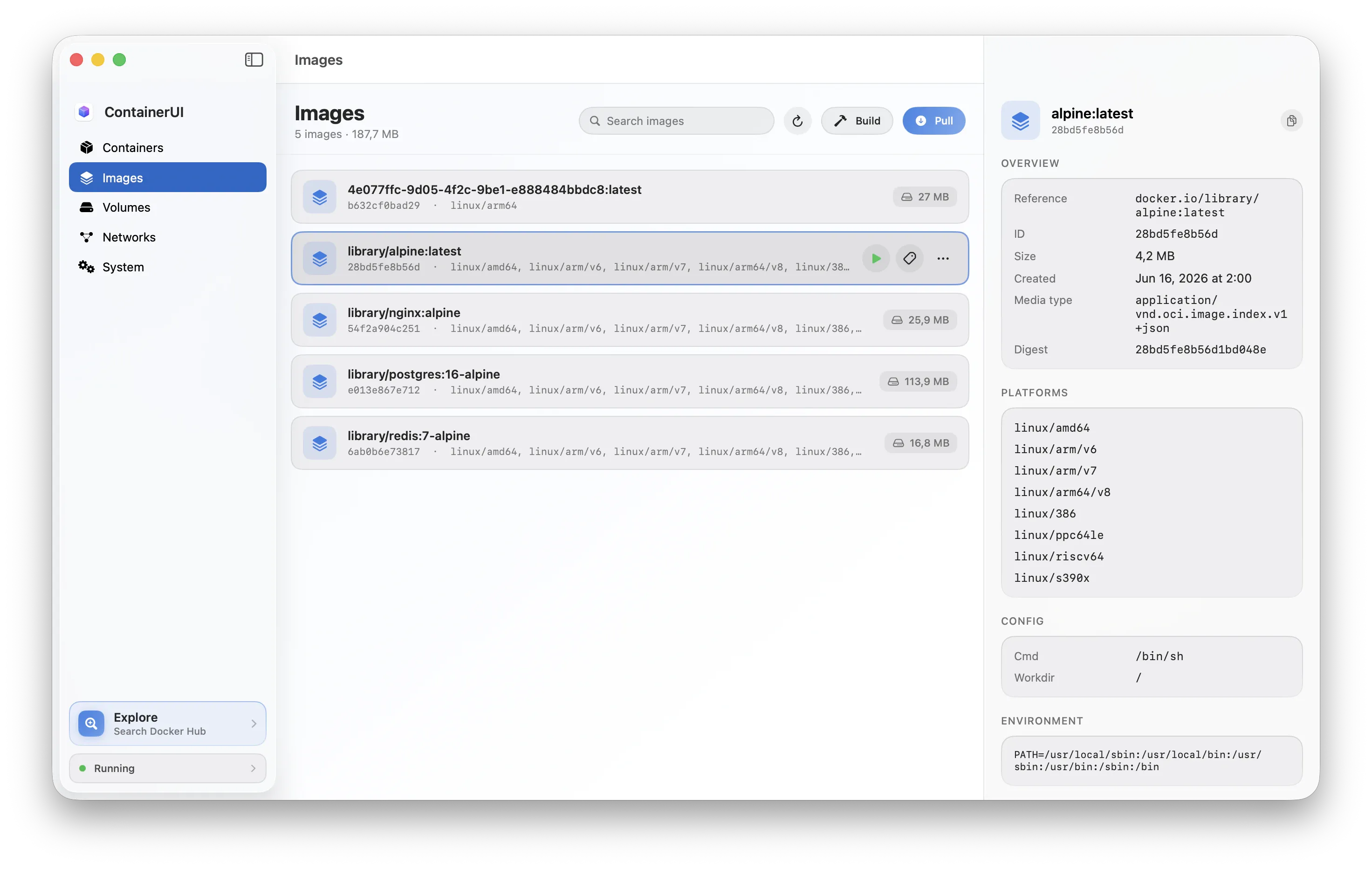 ContainerUI's Images screen listing local images with sizes, ready to inspect, tag, pull, or delete.