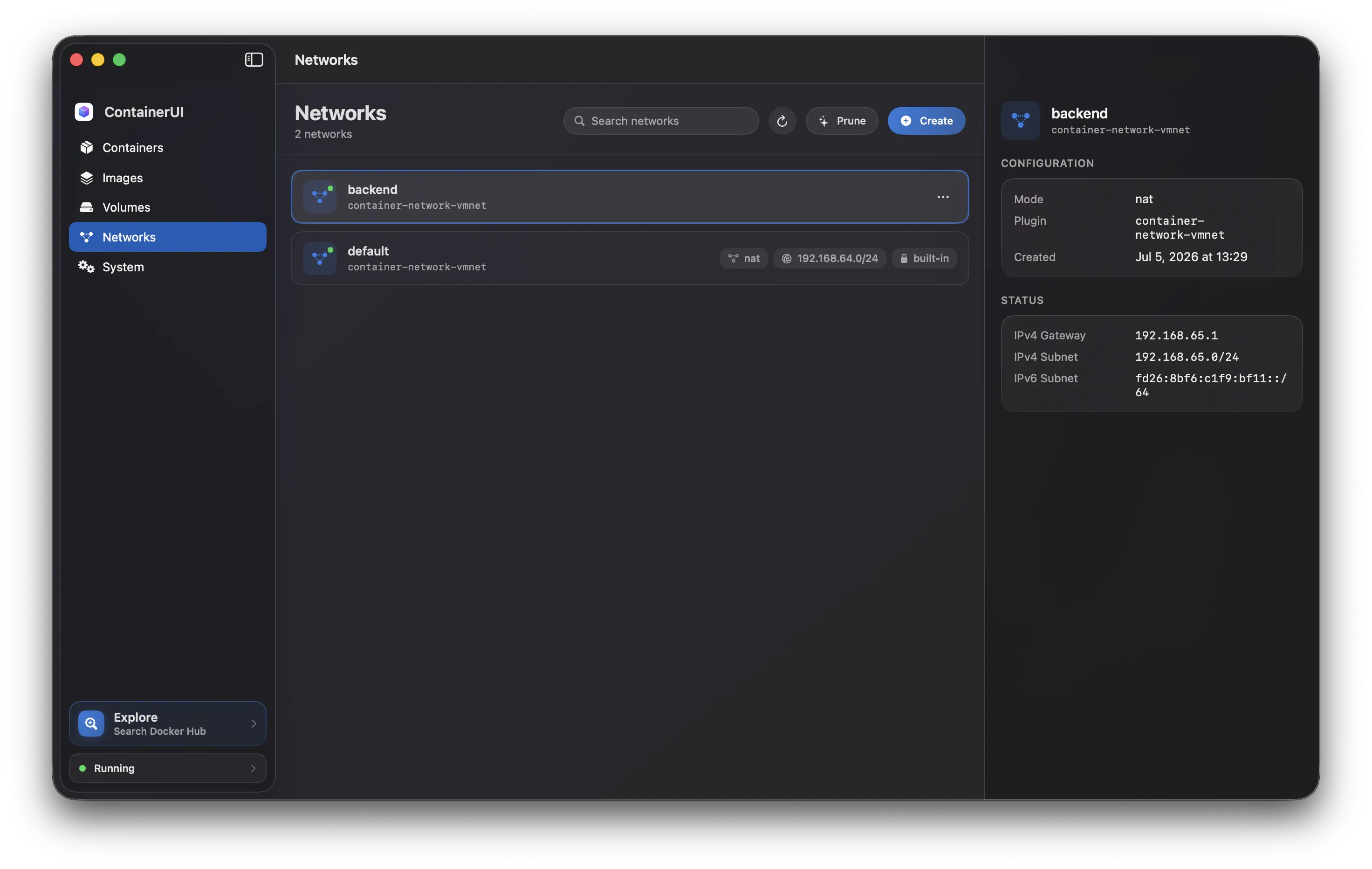 ContainerUI's Networks screen listing networks with their subnets and gateways.
