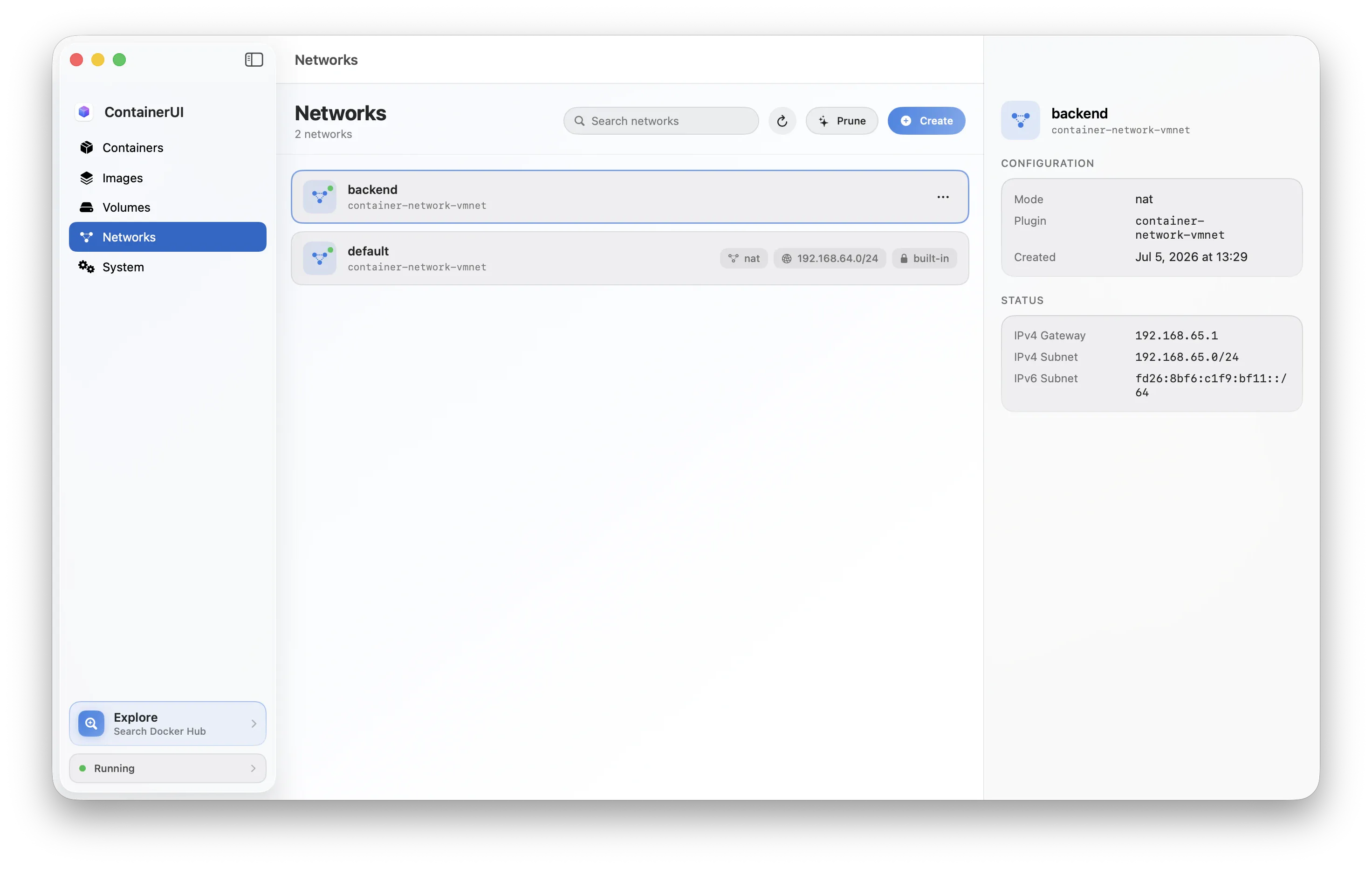 ContainerUI's Networks screen listing networks with their subnets and gateways.