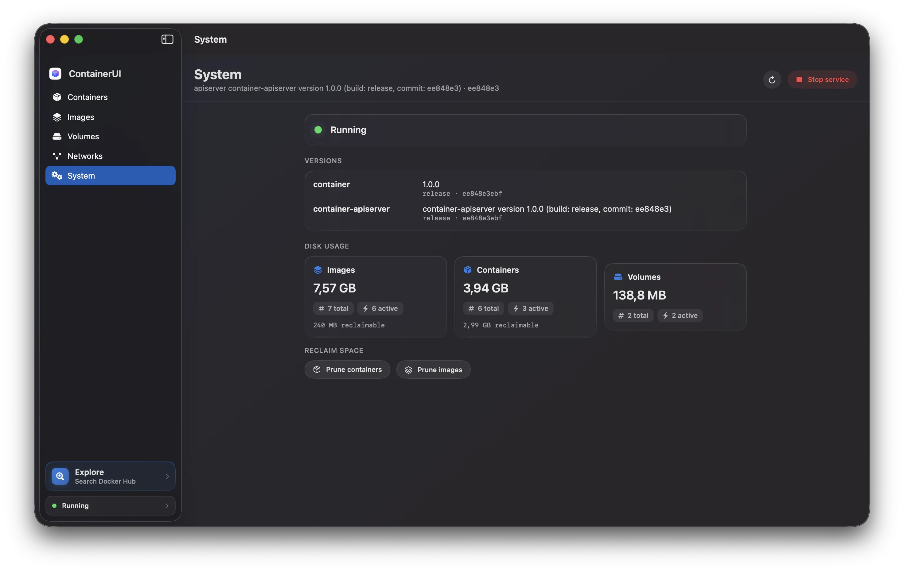 ContainerUI's System screen showing service status, tool versions, and disk usage.