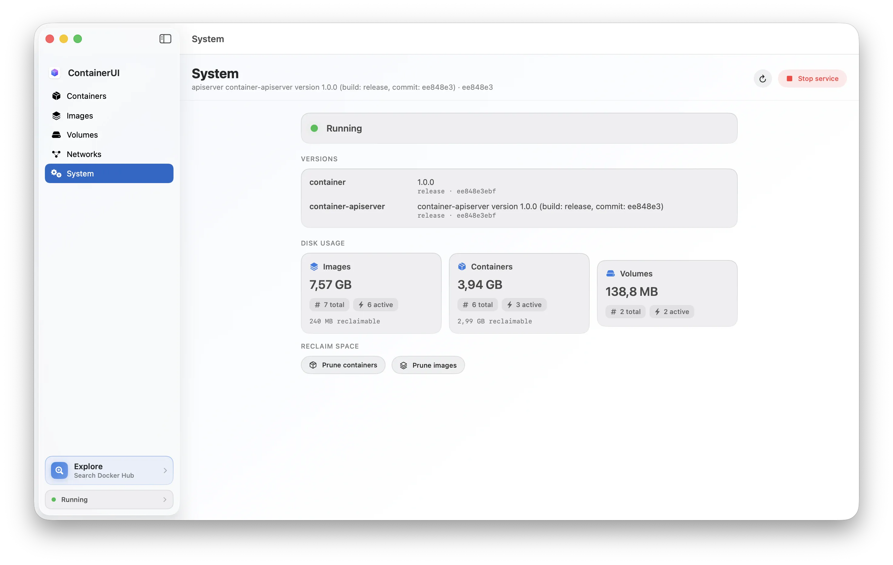 ContainerUI's System screen showing service status, tool versions, and disk usage.