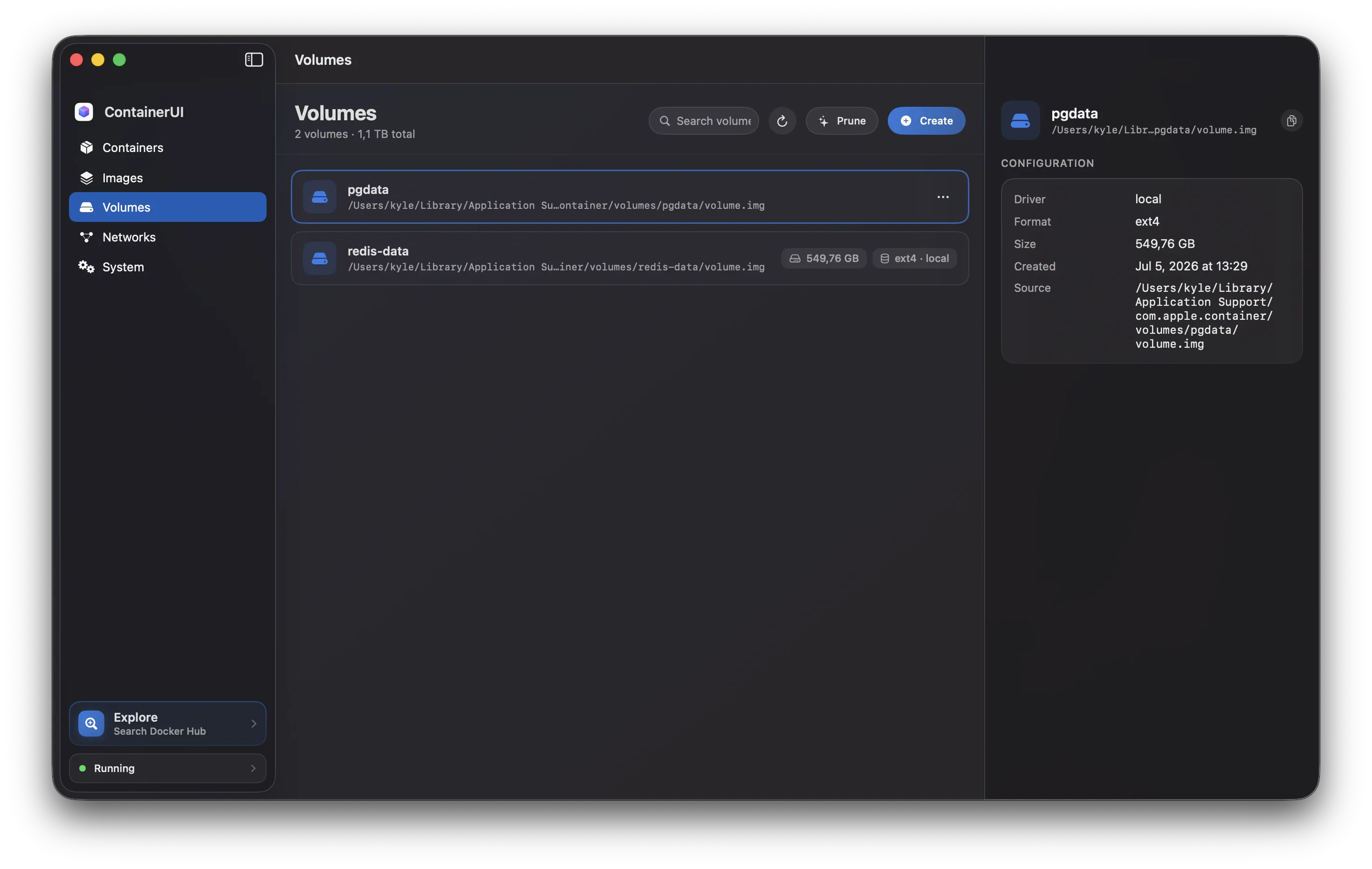 ContainerUI's Volumes screen listing volumes with their sizes and labels.